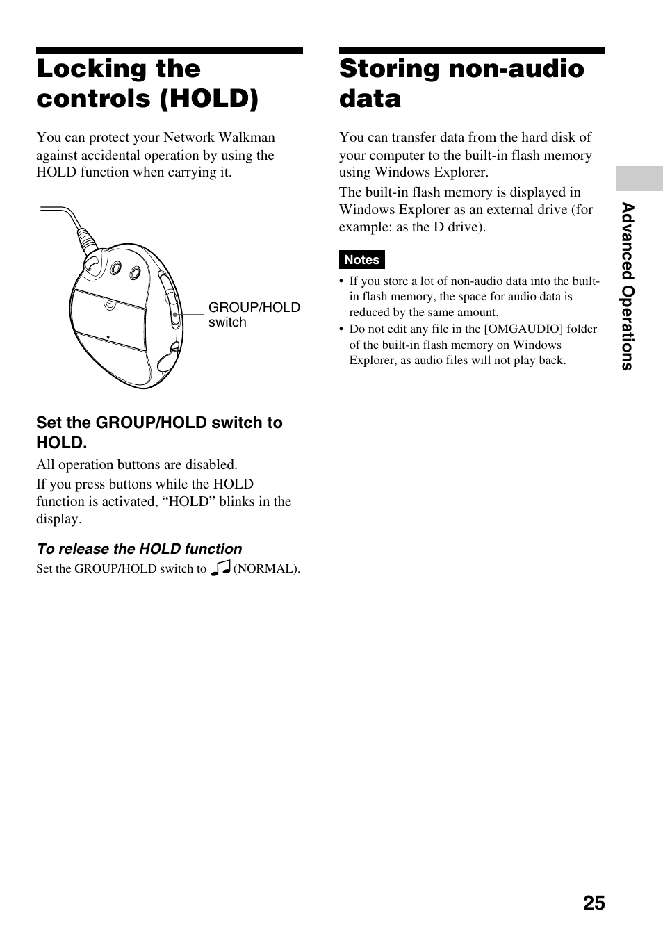 Locking the controls (hold), Storing non-audio data, Locking the controls (hold) storing non-audio data | Sony NW-E103PS User Manual | Page 25 / 46
