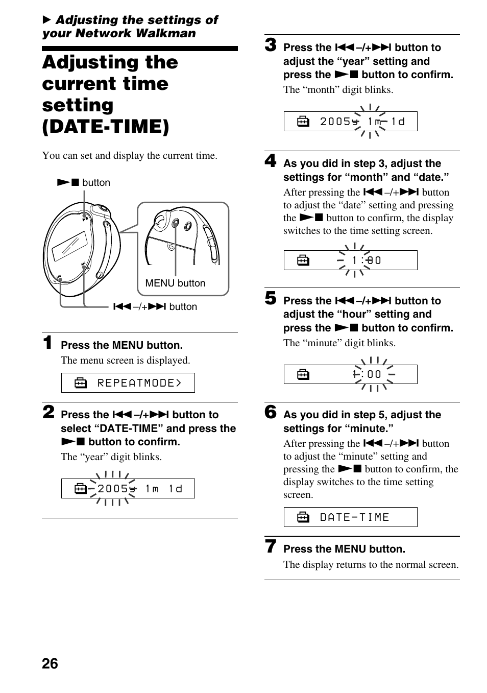Adjusting the settings of your network walkman, Adjusting the current time setting (date-time), Adjusting the current time setting | Date-time) | Sony NW-E103PS User Manual | Page 26 / 46