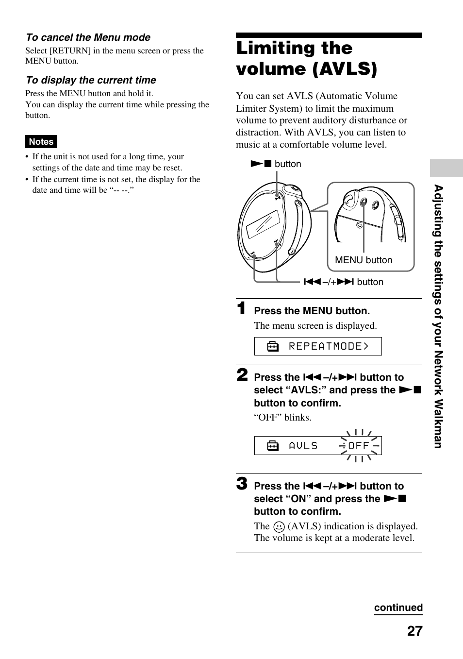 Limiting the volume (avls) | Sony NW-E103PS User Manual | Page 27 / 46