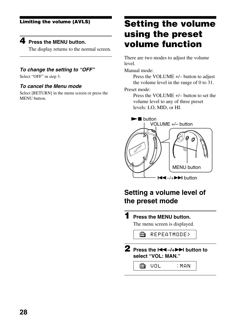 Setting a volume level of the preset mode, Setting the volume using the preset, Volume function | Setting a volume level of the preset, Mode | Sony NW-E103PS User Manual | Page 28 / 46