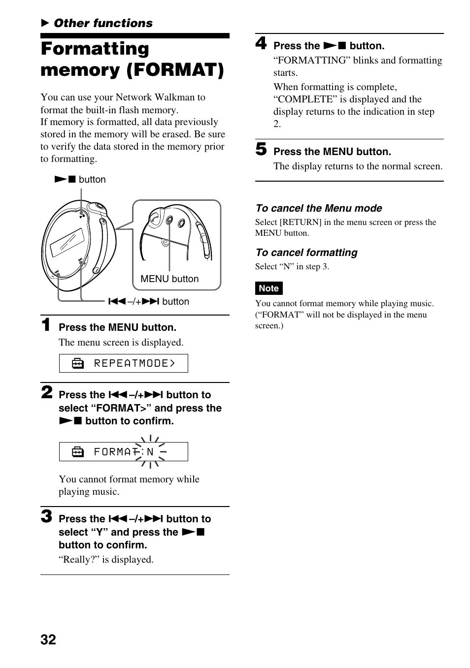 Other functions, Formatting memory (format) | Sony NW-E103PS User Manual | Page 32 / 46