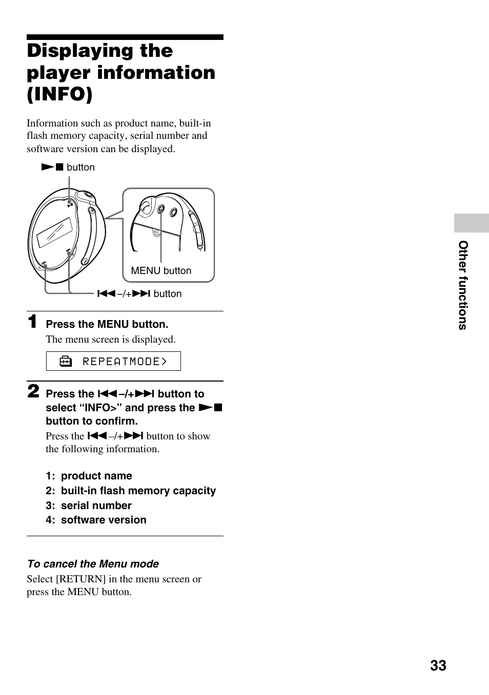 Displaying the player information (info), Displaying the player information, Info) | Sony NW-E103PS User Manual | Page 33 / 46