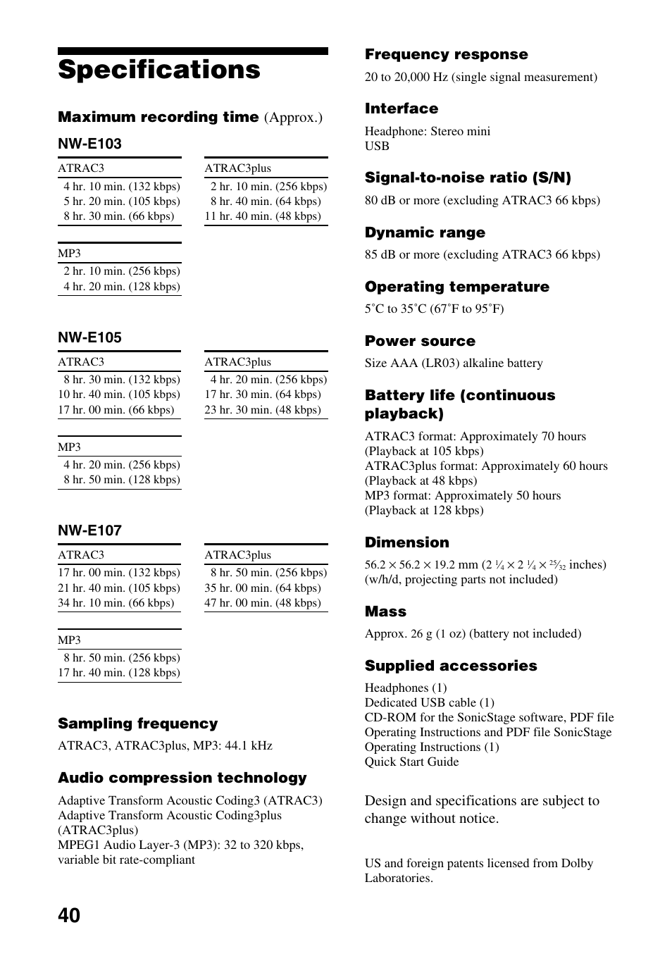 Specifications | Sony NW-E103PS User Manual | Page 40 / 46