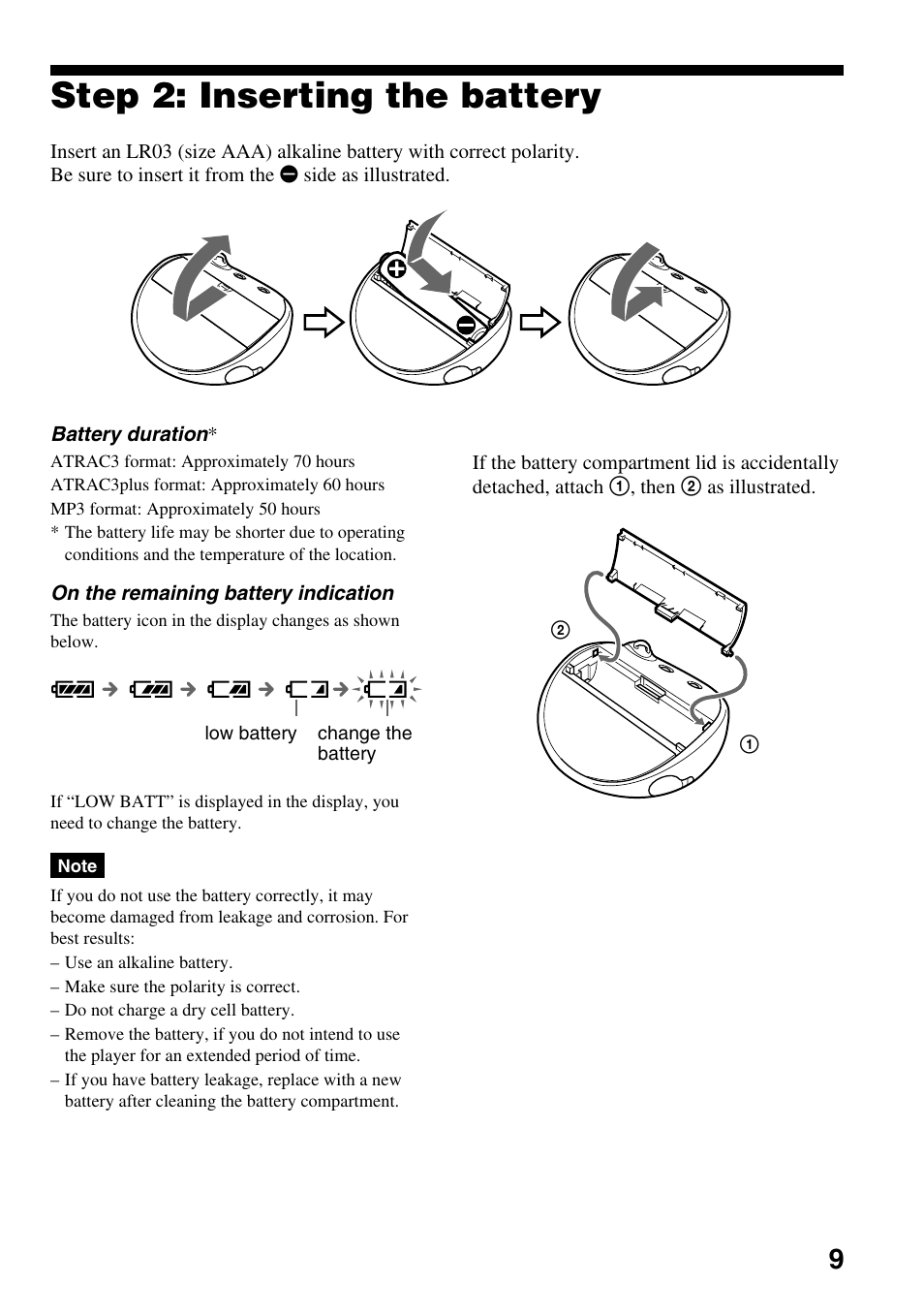 Step 2: inserting the battery | Sony NW-E103PS User Manual | Page 9 / 46
