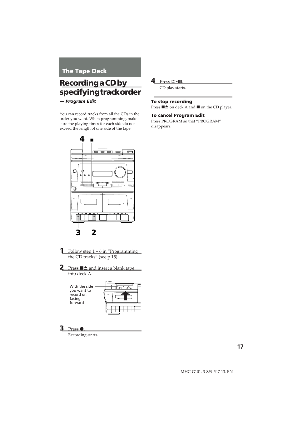 Recording a cd by specifying track order | Sony MHC-G101 User Manual | Page 17 / 26