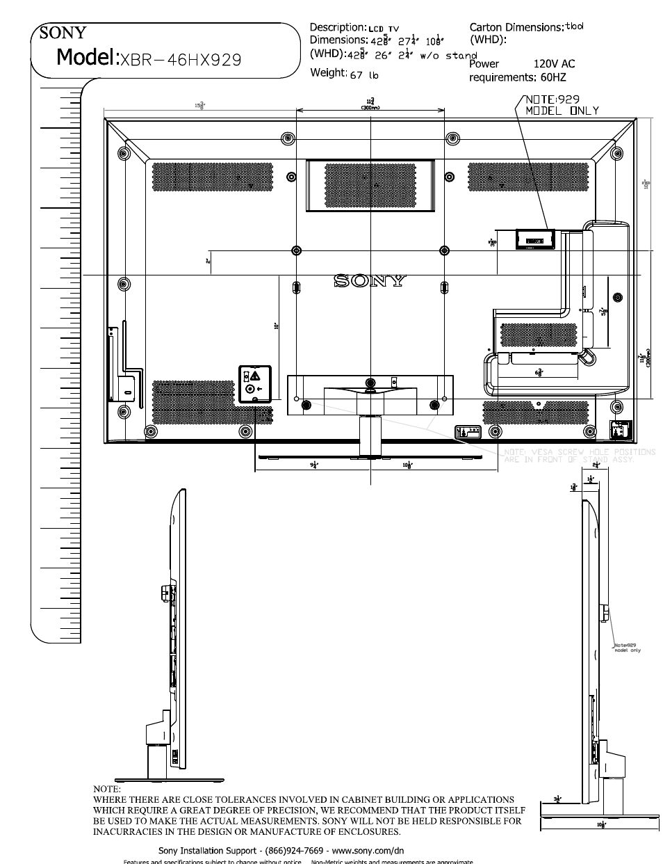 Model | Sony XBR-46HX929 User Manual | Page 2 / 2