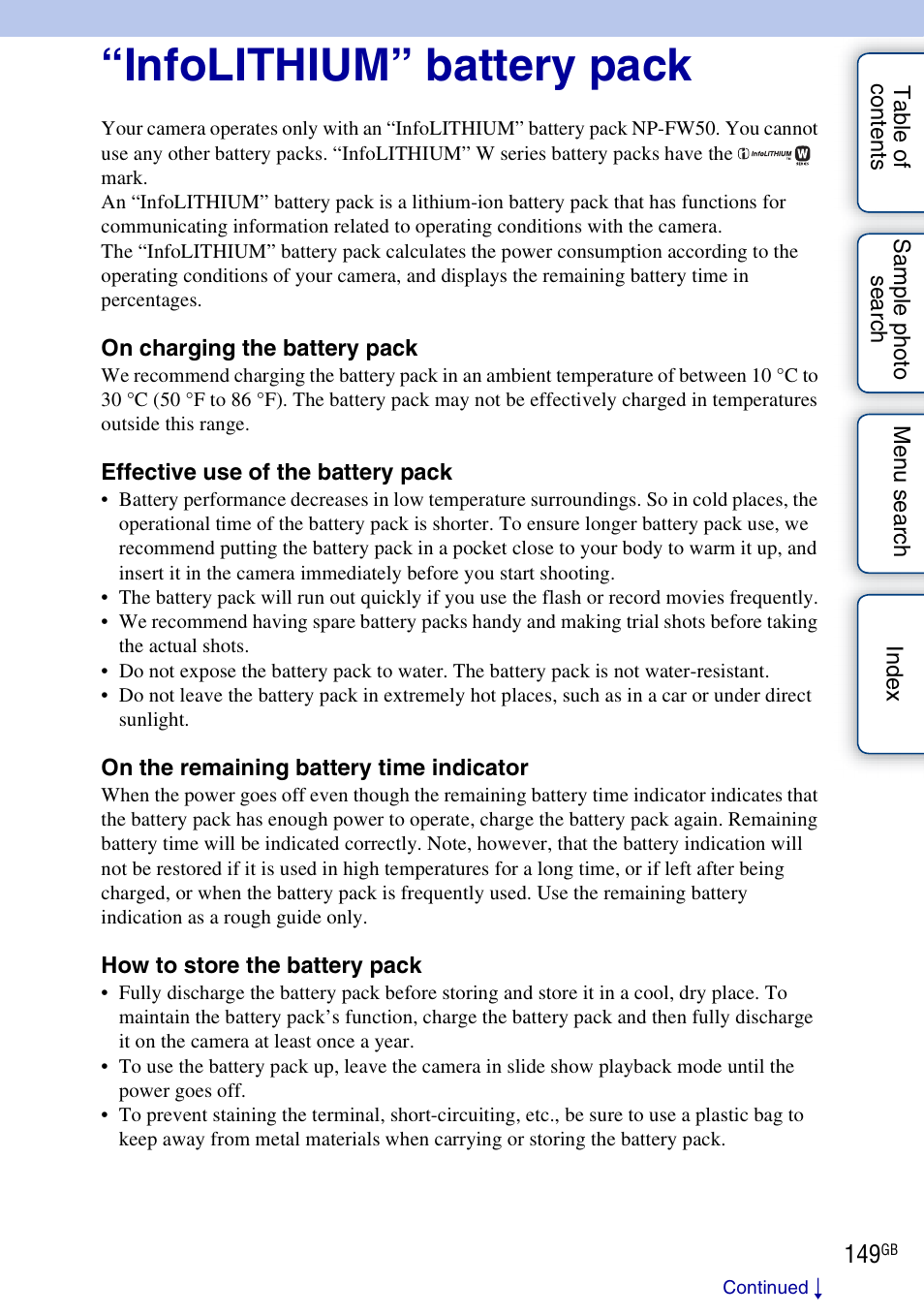 Infolithium” battery pack | Sony NEX-3 User Manual | Page 149 / 159