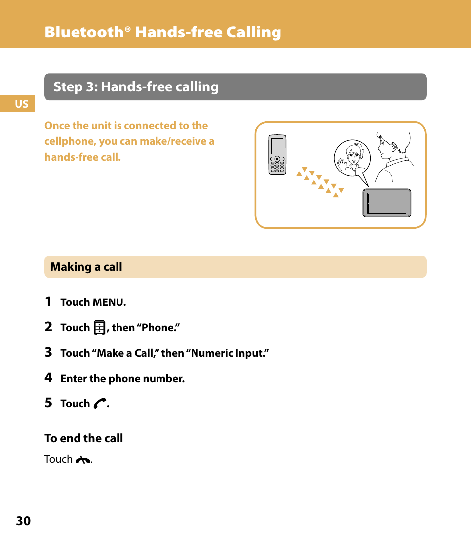 Bluetooth® hands-free calling, Step : hands-free calling | Sony NV-U74T User Manual | Page 30 / 104