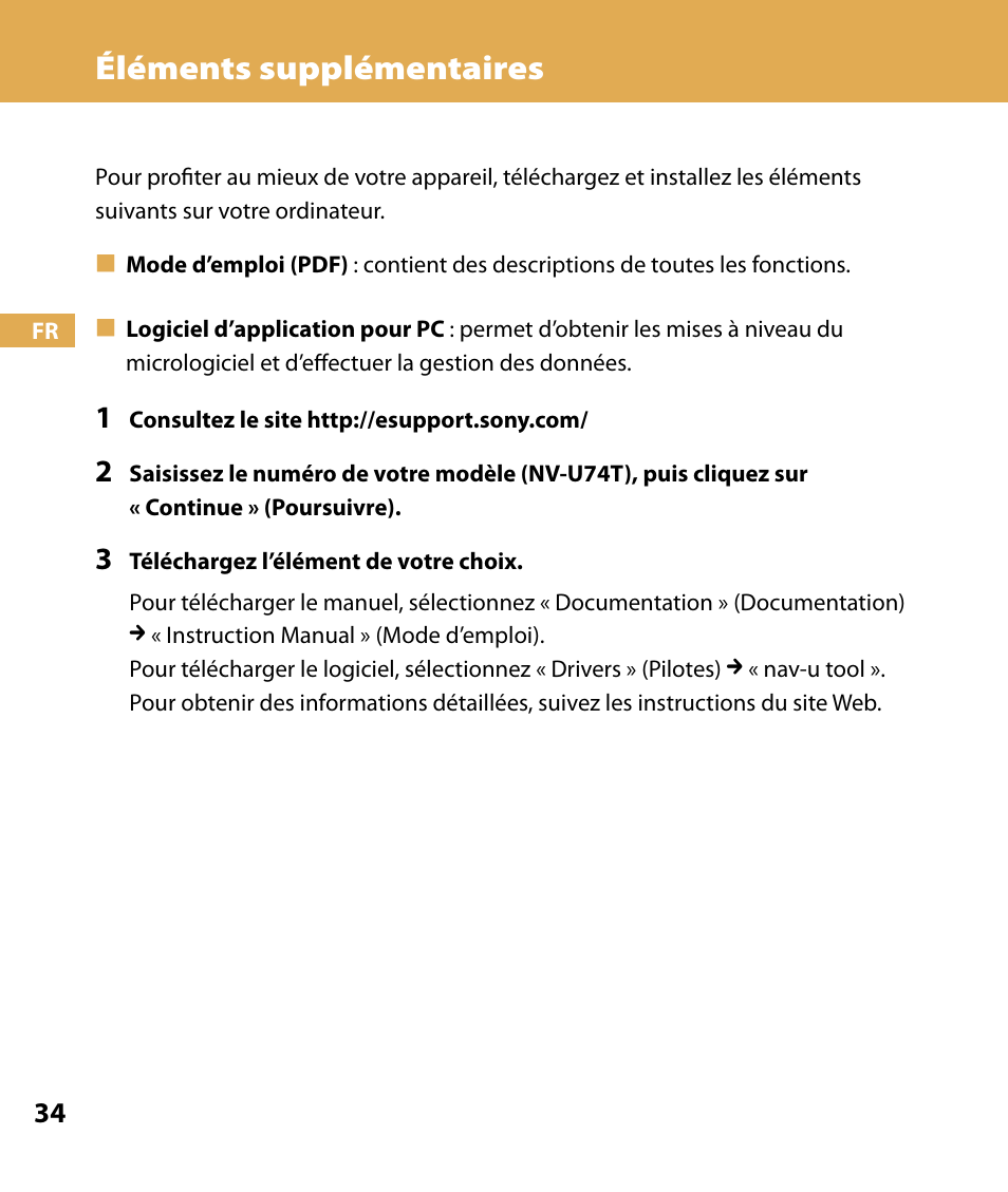 Éléments supplémentaires | Sony NV-U74T User Manual | Page 68 / 104