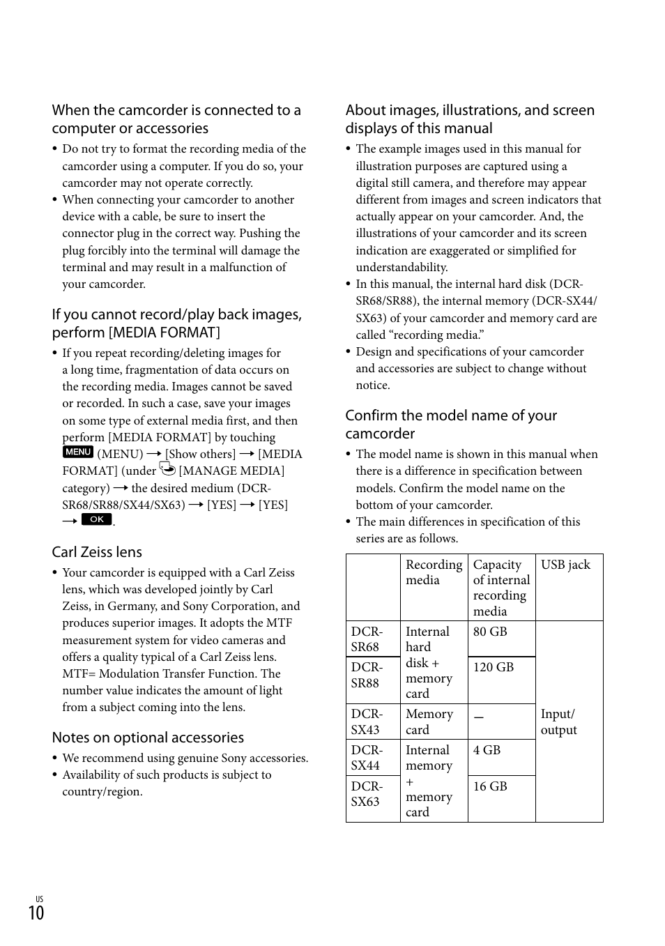 Carl zeiss lens, Confirm the model name of your camcorder | Sony DCR-SX44 User Manual | Page 10 / 139