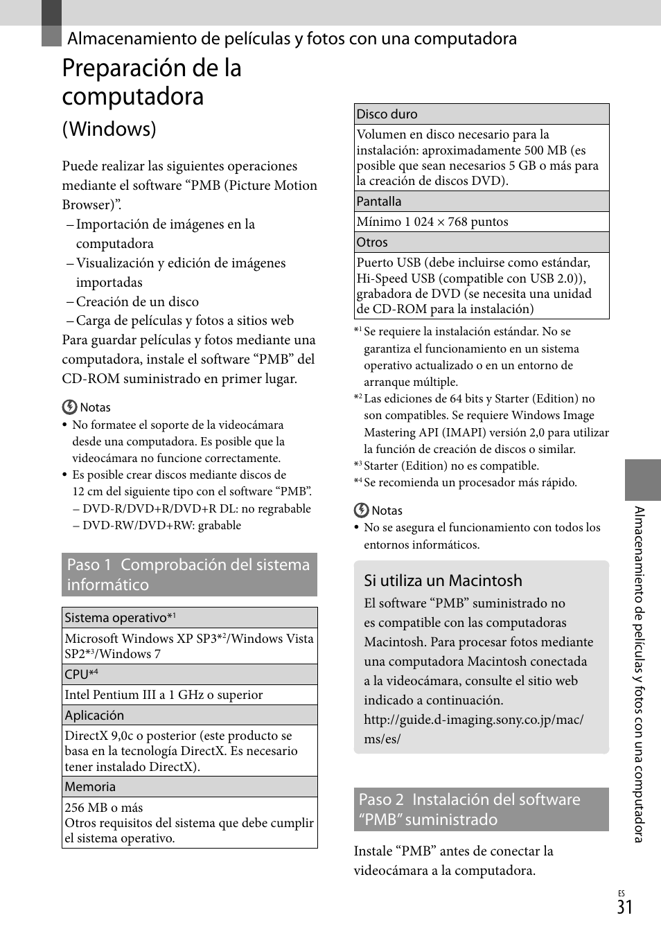 Preparación de la computadora (windows), Si utiliza un macintosh, Preparación de la computadora | Windows), Paso 1 comprobación del sistema informático, Paso 2 instalación del software “pmb” suministrado | Sony DCR-SX44 User Manual | Page 101 / 139