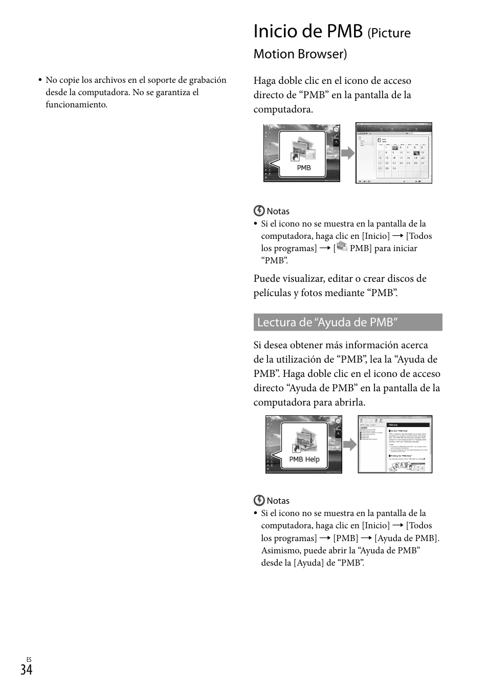 Inicio de pmb (picture motion browser), Inicio de pmb, Picture motion browser) | Lectura de “ayuda de pmb | Sony DCR-SX44 User Manual | Page 104 / 139