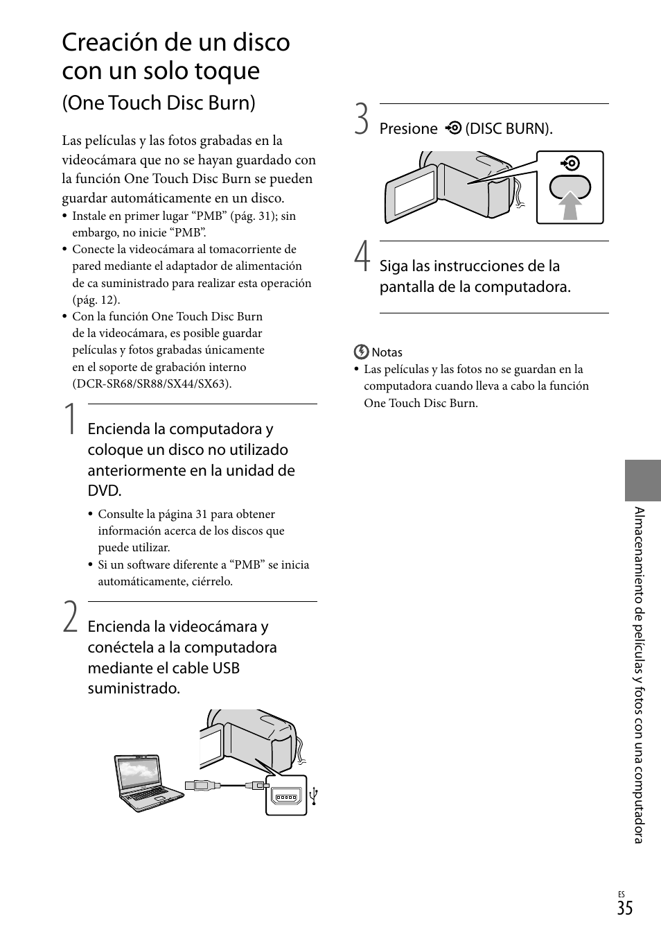 Creación de un disco con un solo toque, One touch disc burn) | Sony DCR-SX44 User Manual | Page 105 / 139