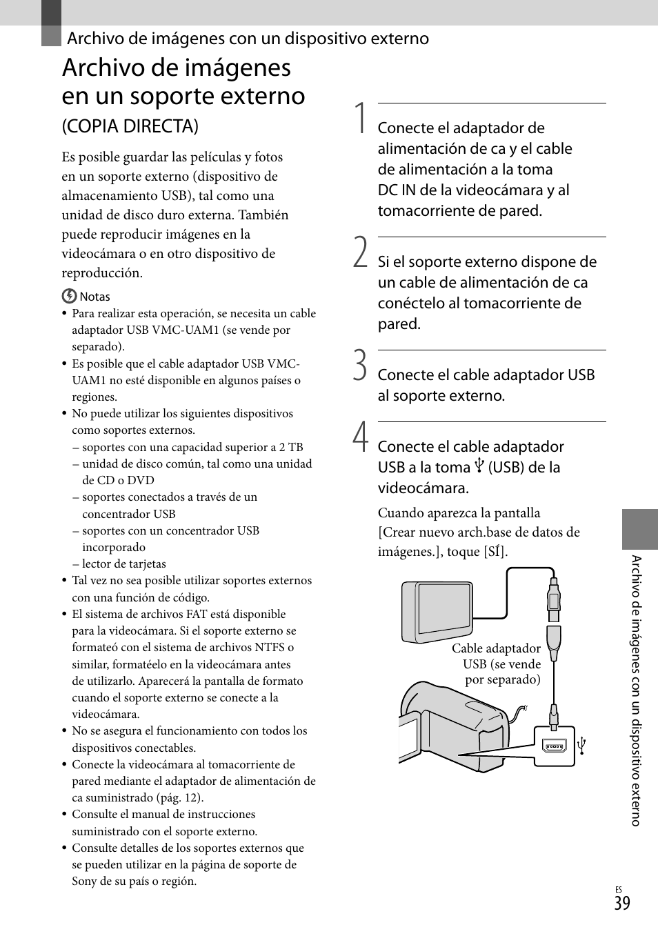 Archivo de imágenes con un dispositivo externo, Archivo de imágenes en un soporte externo, Copia directa) | Sony DCR-SX44 User Manual | Page 109 / 139