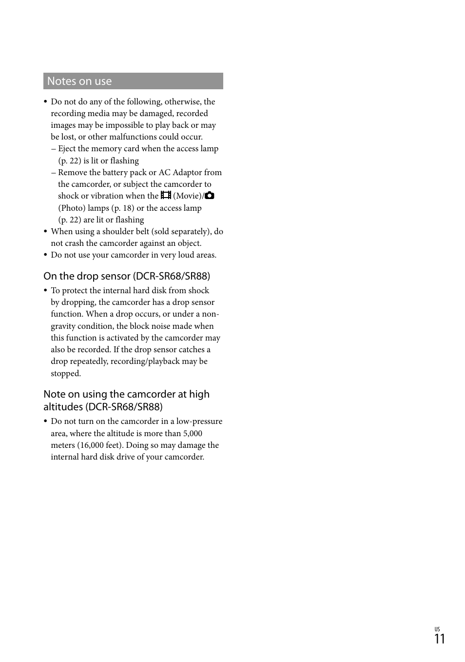 On the drop sensor (dcr-sr68/sr88) | Sony DCR-SX44 User Manual | Page 11 / 139