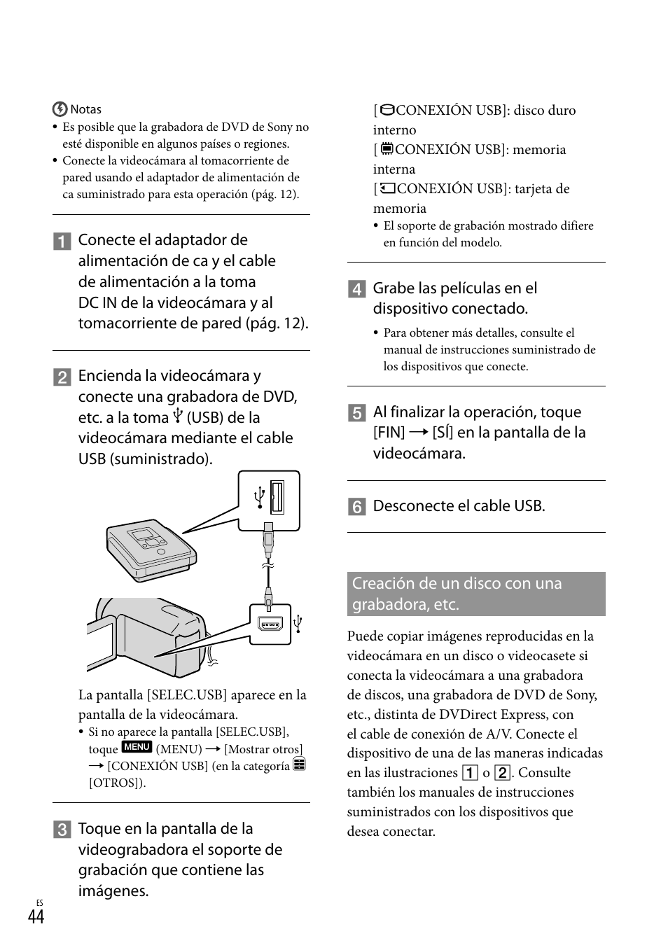 Creación de un disco con una grabadora, etc | Sony DCR-SX44 User Manual | Page 114 / 139