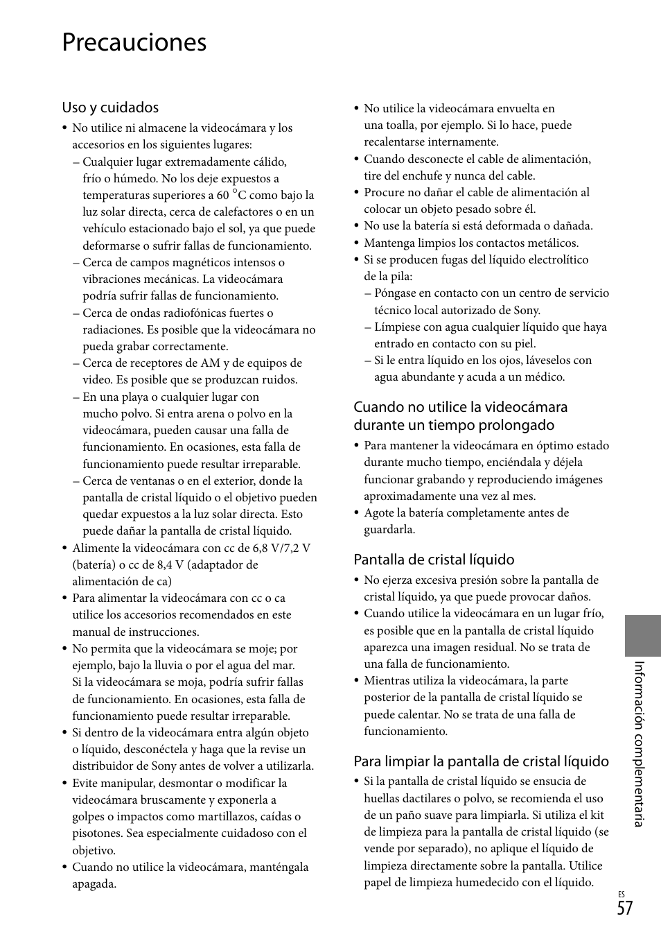 Precauciones, Uso y cuidados, Pantalla de cristal líquido | Para limpiar la pantalla de cristal líquido | Sony DCR-SX44 User Manual | Page 127 / 139
