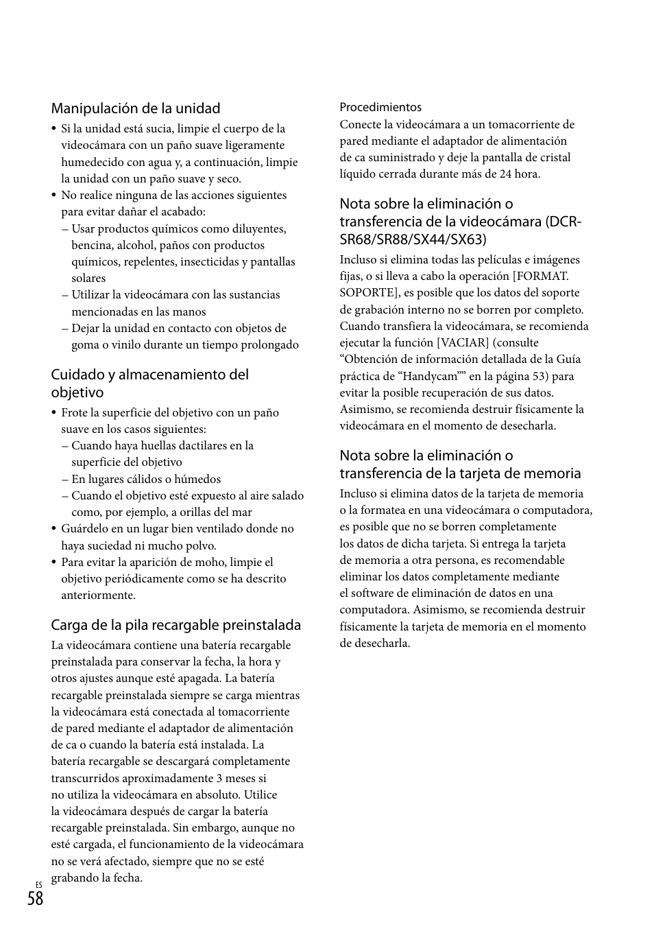 Manipulación de la unidad, Cuidado y almacenamiento del objetivo, Carga de la pila recargable preinstalada | Sony DCR-SX44 User Manual | Page 128 / 139