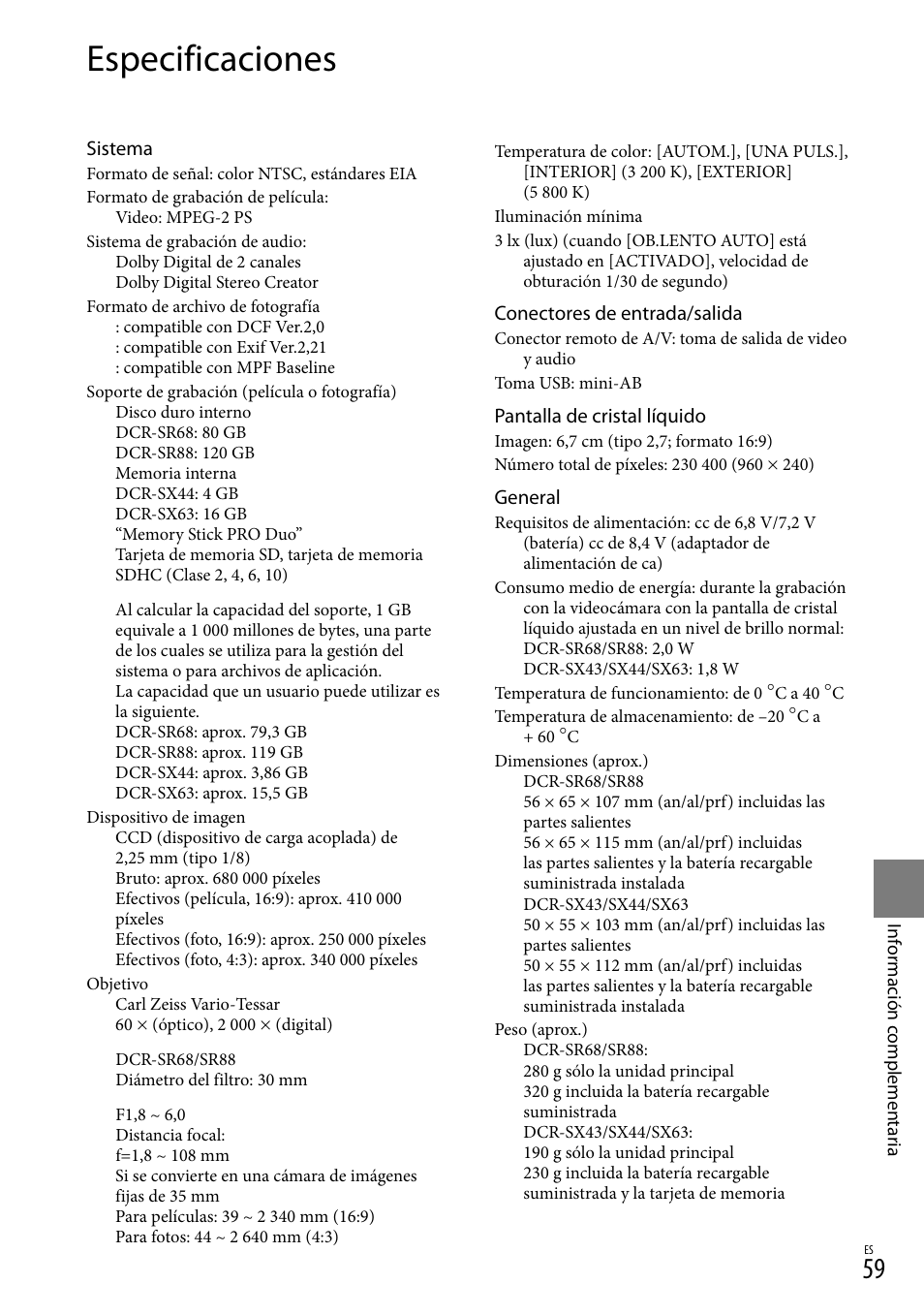 Especificaciones | Sony DCR-SX44 User Manual | Page 129 / 139
