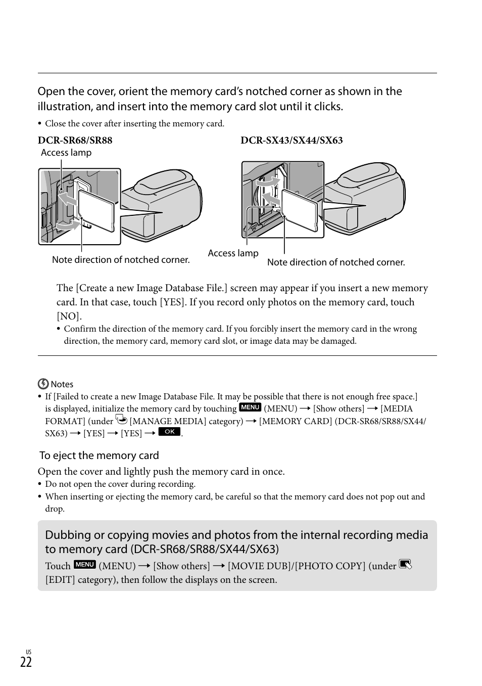 To memory card (dcr-sr68/sr88/sx44/sx63) | Sony DCR-SX44 User Manual | Page 22 / 139