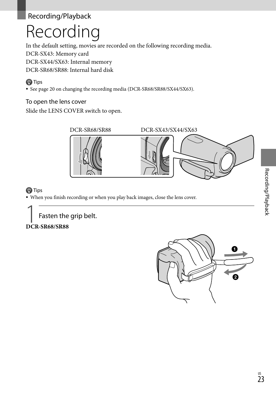 Recording/playback, Recording | Sony DCR-SX44 User Manual | Page 23 / 139