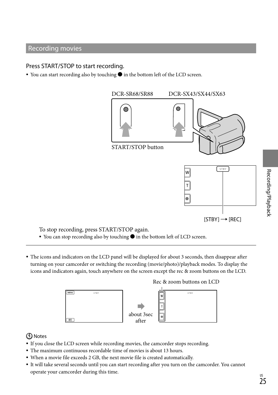 Recording movies, Press start/stop to start recording | Sony DCR-SX44 User Manual | Page 25 / 139