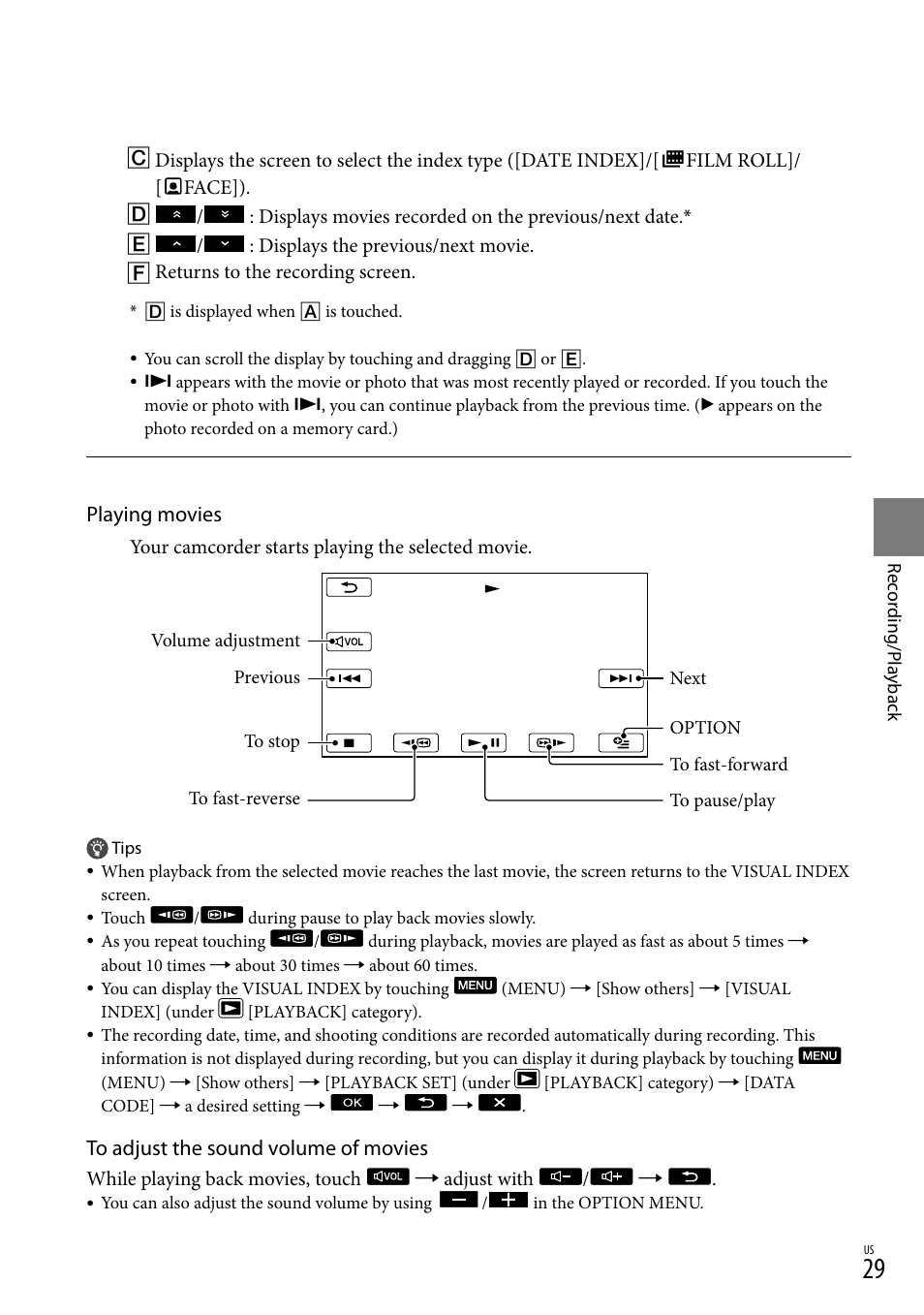 Playing movies | Sony DCR-SX44 User Manual | Page 29 / 139