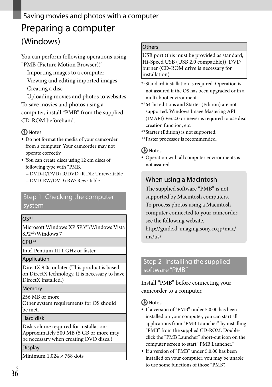 Saving movies and photos with a computer, Preparing a computer (windows), When using a macintosh | Preparing a computer, Windows), Step 1 checking the computer system, Step 2 installing the supplied software “pmb | Sony DCR-SX44 User Manual | Page 36 / 139