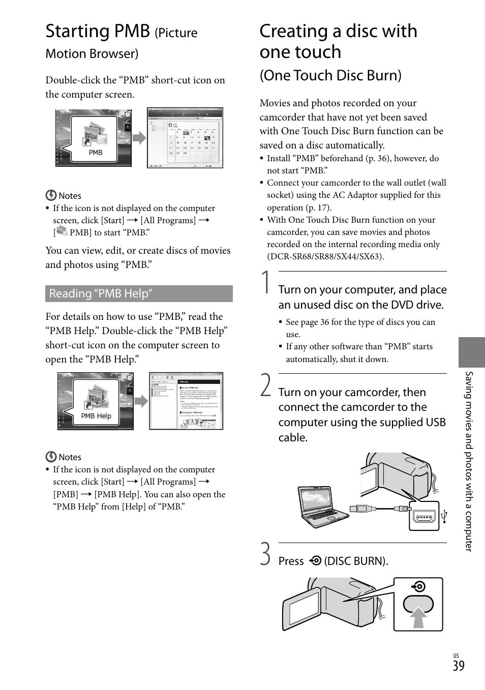Starting pmb (picture motion browser), Starting pmb, Creating a disc with one touch | One touch disc burn), Picture motion browser) | Sony DCR-SX44 User Manual | Page 39 / 139