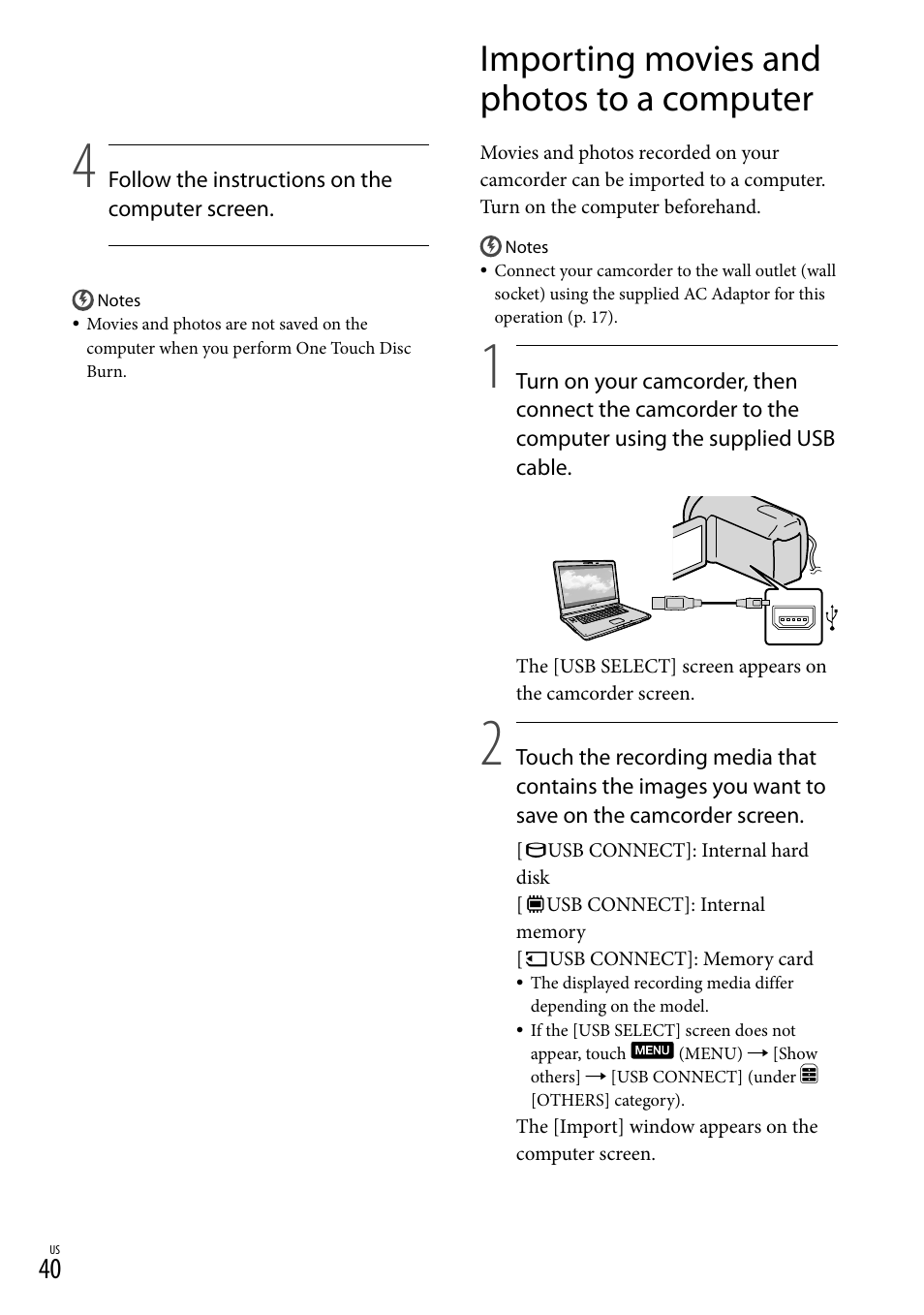 Importing movies and photos to a computer | Sony DCR-SX44 User Manual | Page 40 / 139