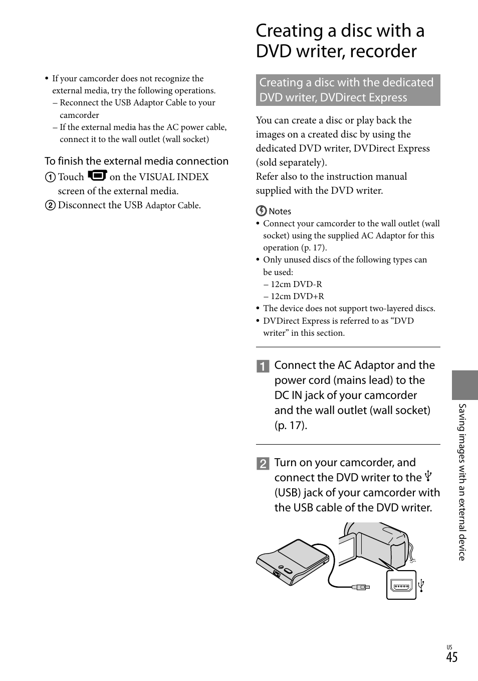 Creating a disc with a dvd writer, recorder | Sony DCR-SX44 User Manual | Page 45 / 139