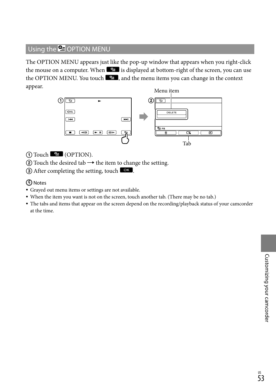 Using the option menu | Sony DCR-SX44 User Manual | Page 53 / 139