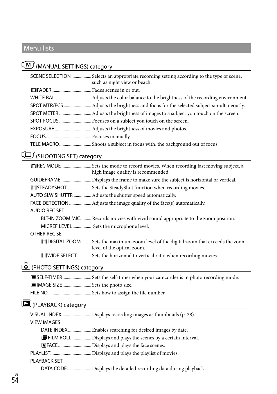 Menu lists | Sony DCR-SX44 User Manual | Page 54 / 139