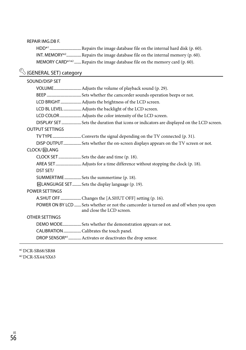 General set) category | Sony DCR-SX44 User Manual | Page 56 / 139