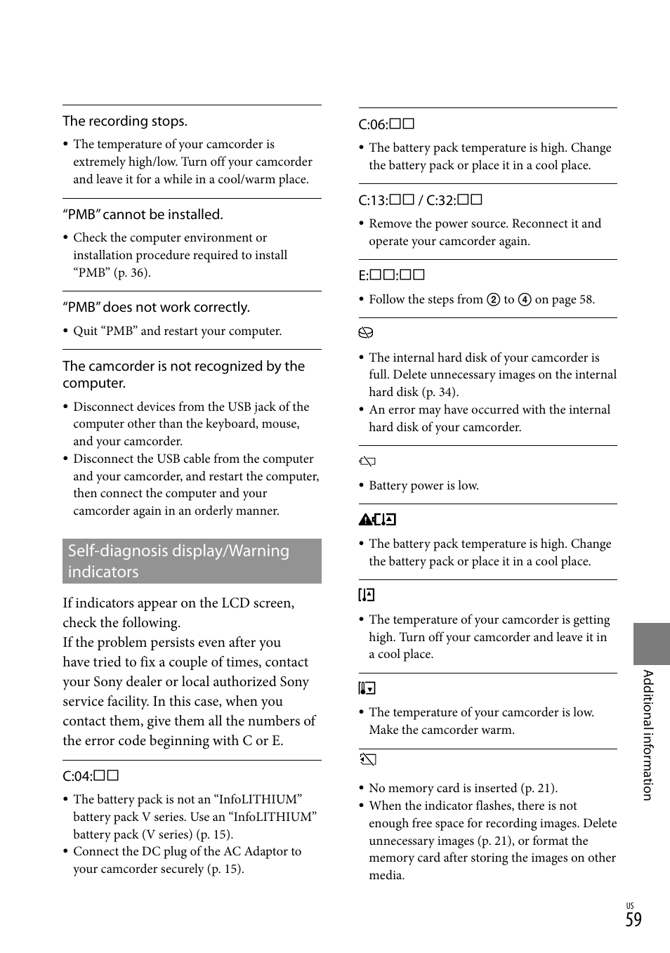 Self-diagnosis display/warning indicators | Sony DCR-SX44 User Manual | Page 59 / 139