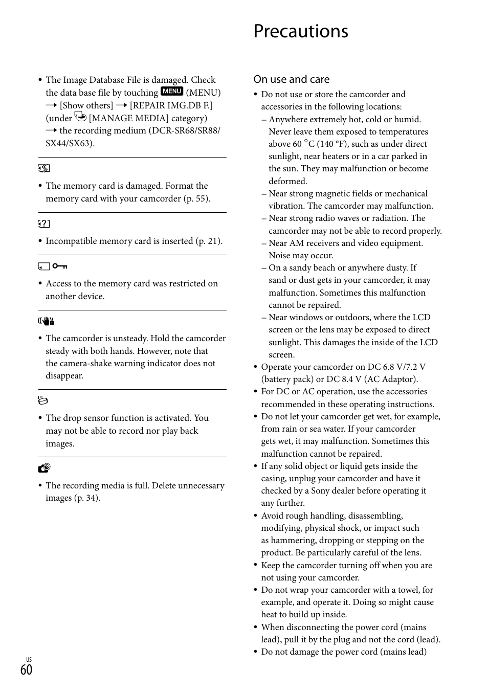 Precautions, O 60), and, On use and care | Sony DCR-SX44 User Manual | Page 60 / 139
