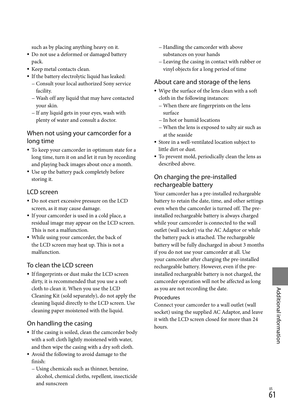 About care and storage of the lens, On charging the pre-installed rechargeable battery, When not using your camcorder for a long time | Lcd screen, On handling the casing | Sony DCR-SX44 User Manual | Page 61 / 139