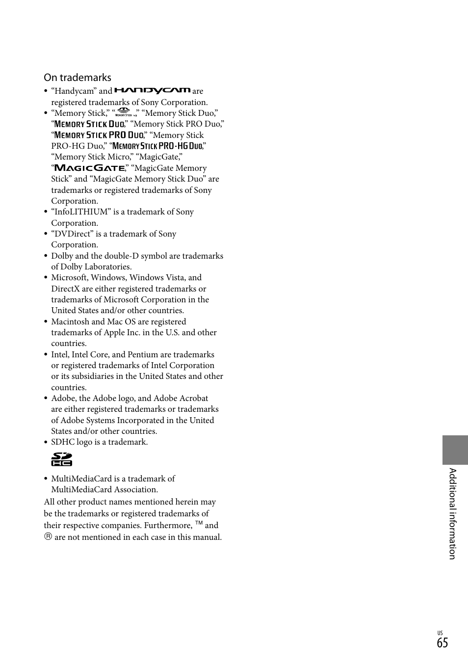 On trademarks | Sony DCR-SX44 User Manual | Page 65 / 139