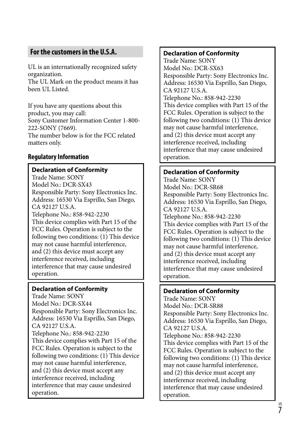 For the customers in the u.s.a | Sony DCR-SX44 User Manual | Page 7 / 139