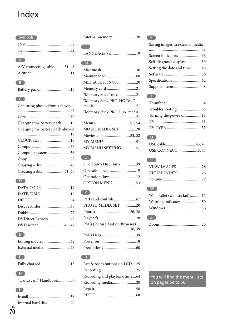 Index | Sony DCR-SX44 User Manual | Page 70 / 139