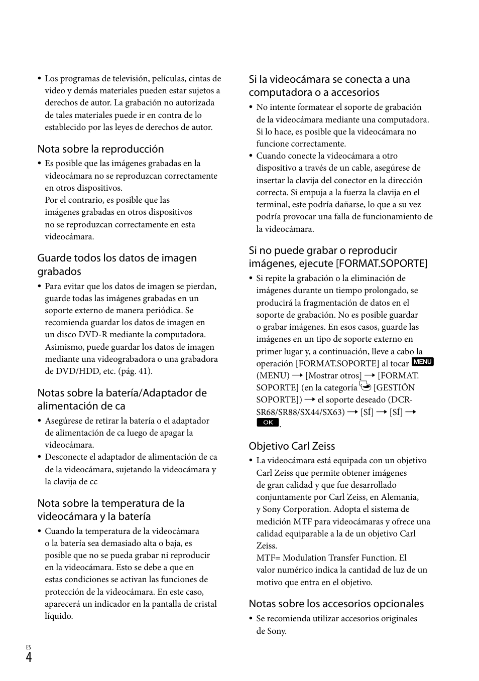 Nota sobre la reproducción, Guarde todos los datos de imagen grabados, Objetivo carl zeiss | Notas sobre los accesorios opcionales | Sony DCR-SX44 User Manual | Page 74 / 139