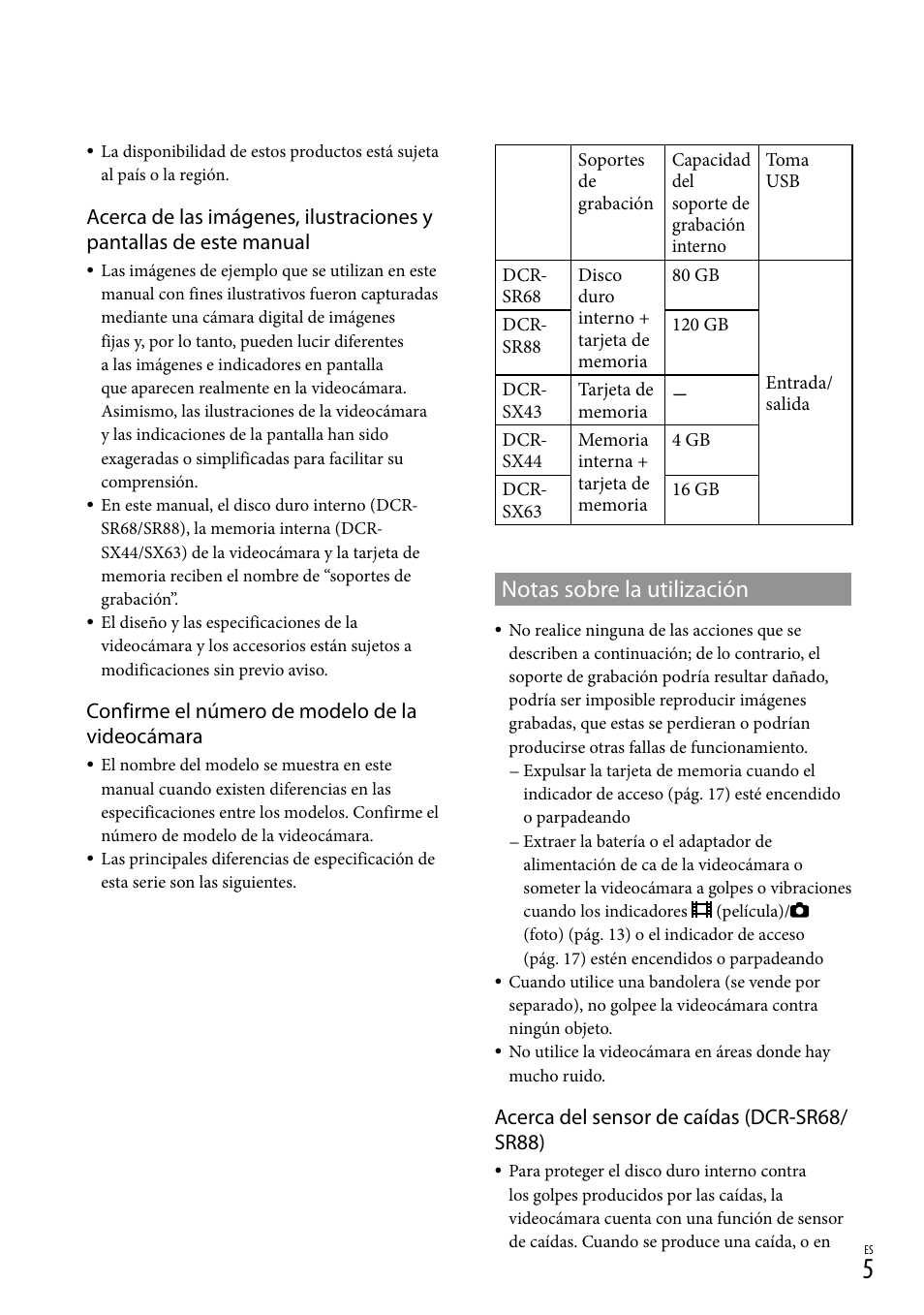 Notas sobre la utilización, Confirme el número de modelo de la videocámara, Acerca del sensor de caídas (dcr-sr68/ sr88) | Sony DCR-SX44 User Manual | Page 75 / 139