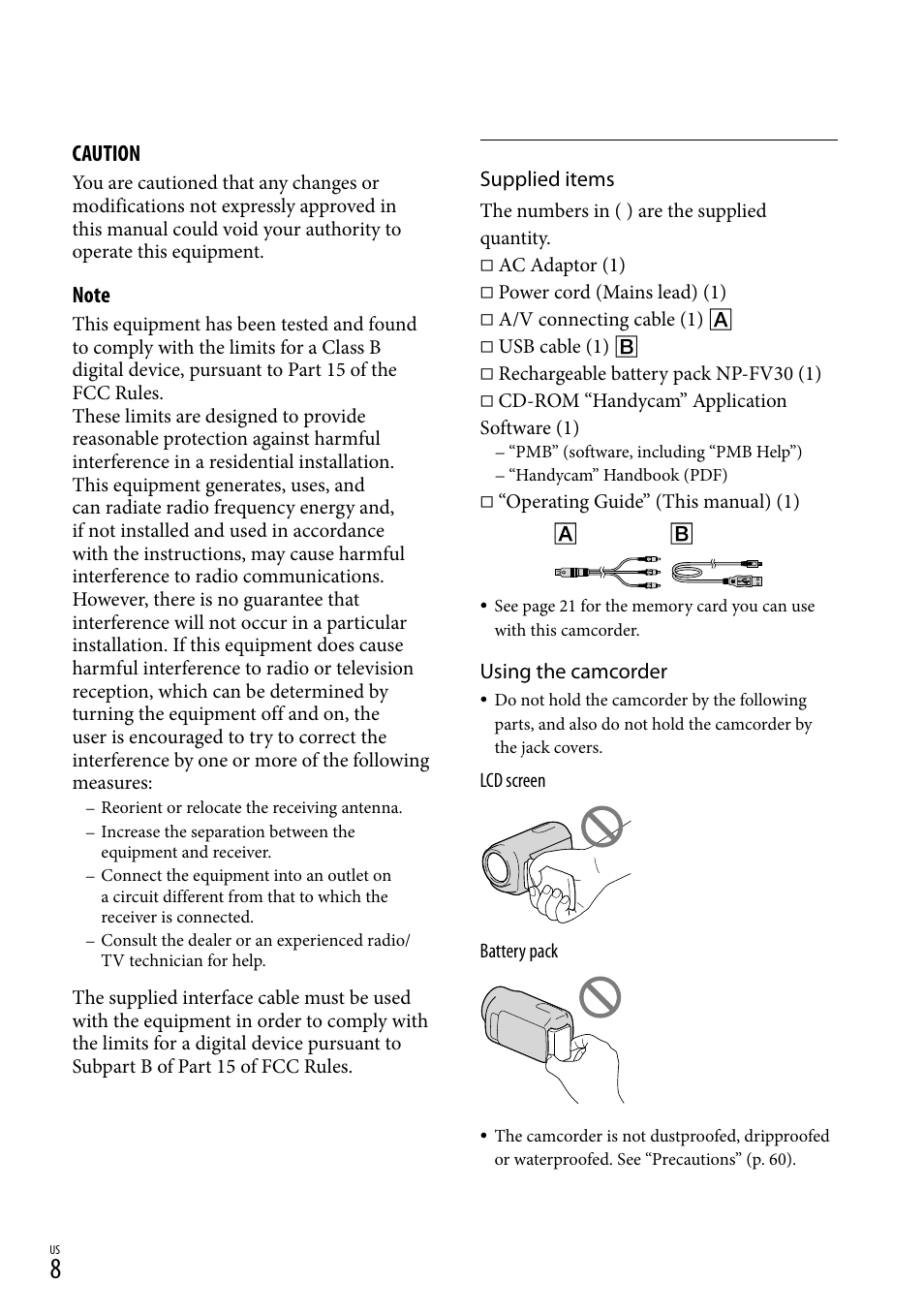 Caution | Sony DCR-SX44 User Manual | Page 8 / 139