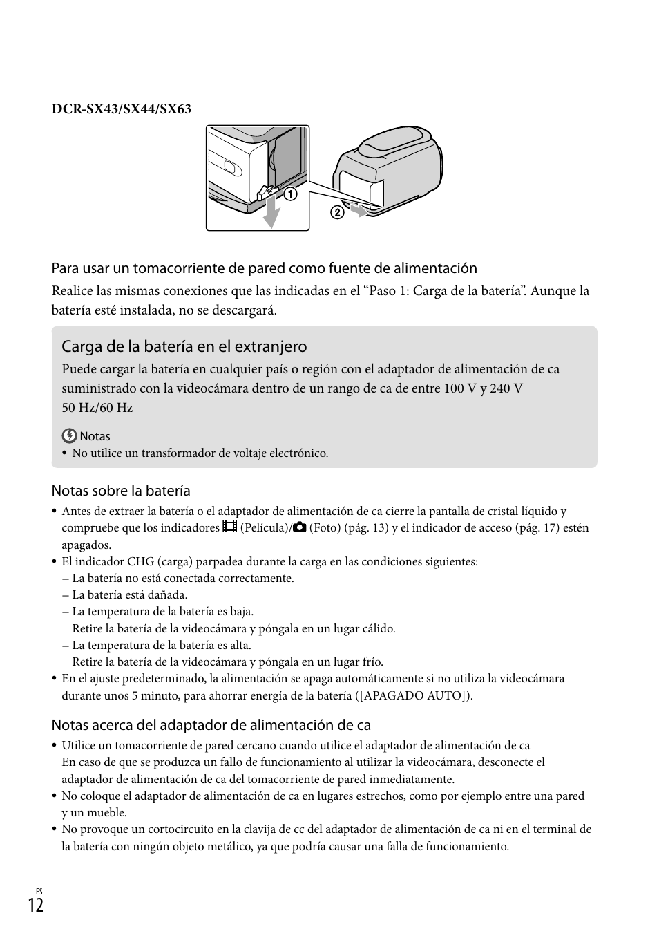 Carga de la batería en el extranjero, Notas sobre la batería, Notas acerca del adaptador de alimentación de ca | Sony DCR-SX44 User Manual | Page 82 / 139