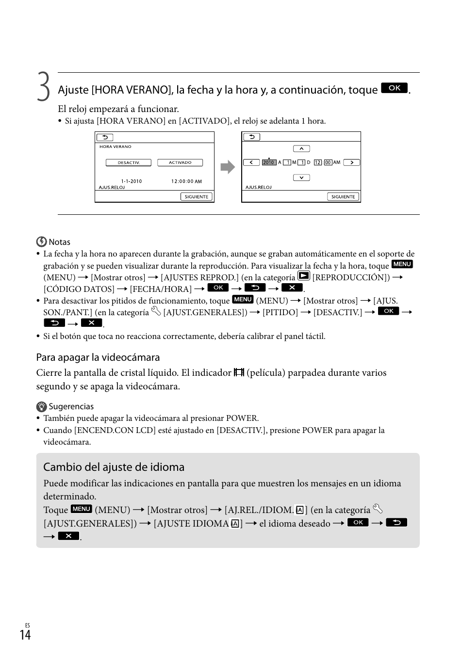 Cambio del ajuste de idioma | Sony DCR-SX44 User Manual | Page 84 / 139