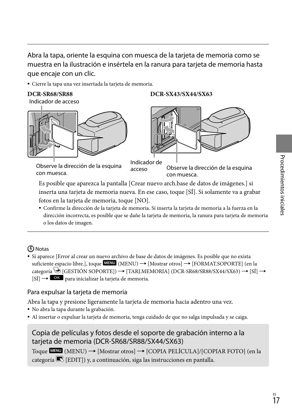 De memoria (dcr-sr68/sr88/sx44/sx63) | Sony DCR-SX44 User Manual | Page 87 / 139