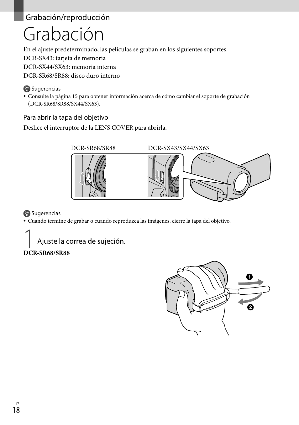 Grabación/reproducción, Grabación | Sony DCR-SX44 User Manual | Page 88 / 139