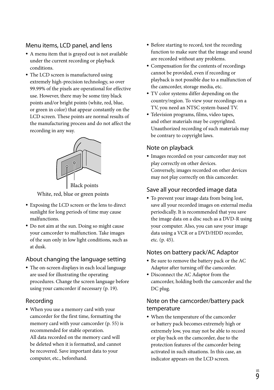 Menu items, lcd panel, and lens, About changing the language setting, Recording | Save all your recorded image data | Sony DCR-SX44 User Manual | Page 9 / 139