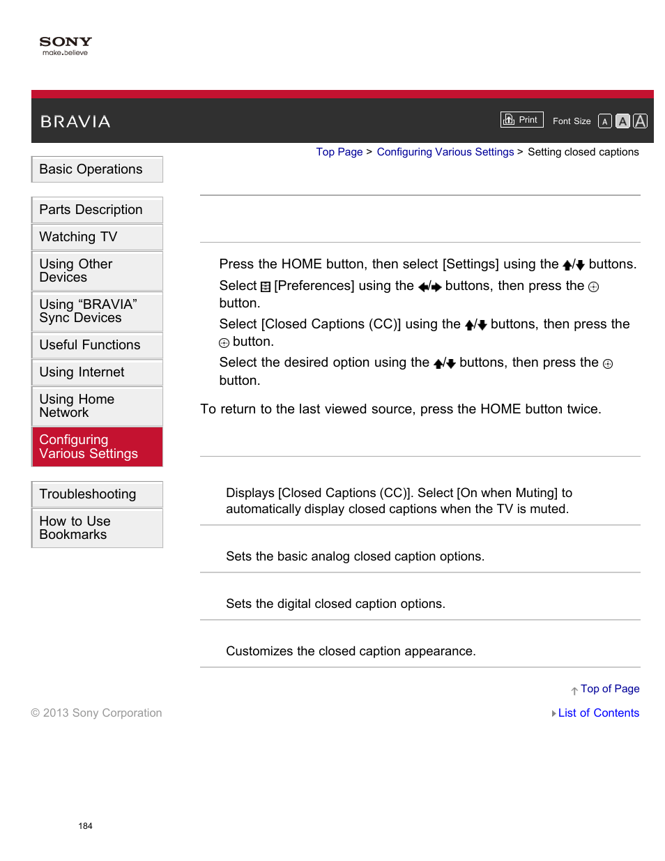 Setting closed captions | Sony XBR-65X850A User Manual | Page 190 / 249