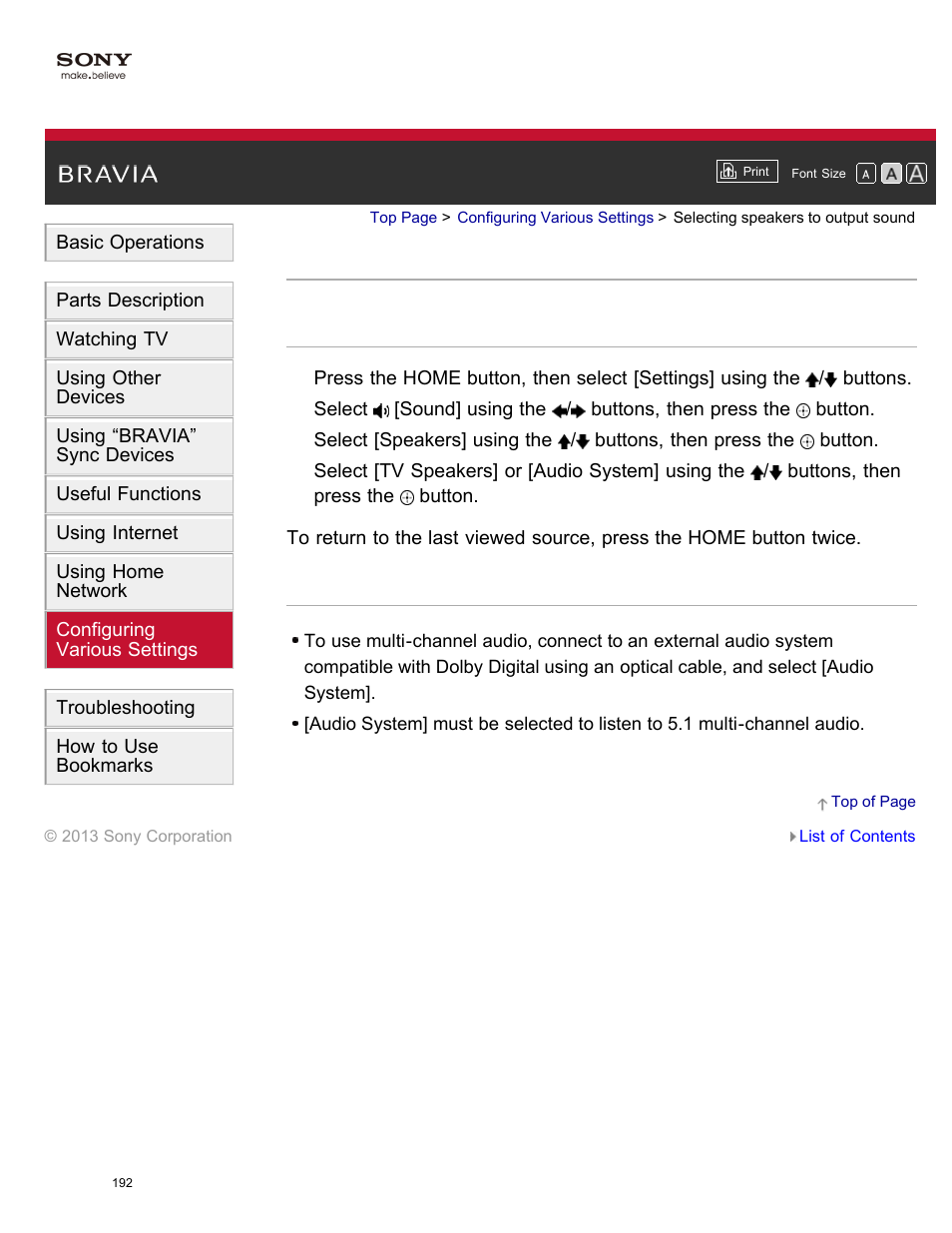 Selecting speakers to output sound | Sony XBR-65X850A User Manual | Page 198 / 249